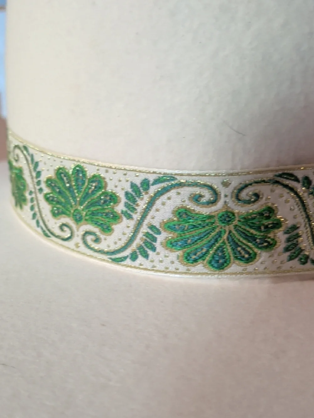 Off White Felt Wide Brim Hat with Green and Gold Embroidered Band - Picture 3 of 6
